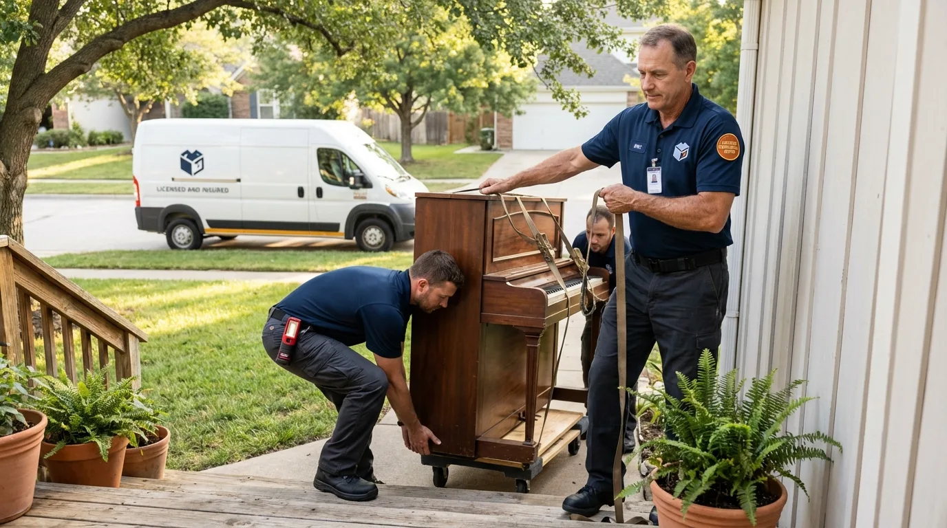 Licensed piano movers securing grand piano in Concord, NH