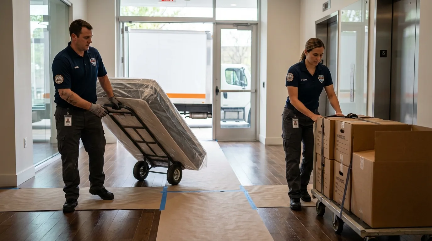 Professional apartment movers loading elevator in Concord, NH